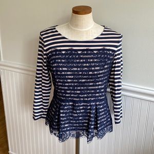 5 for $20! Navy Blue Striped Lace Peplum Top